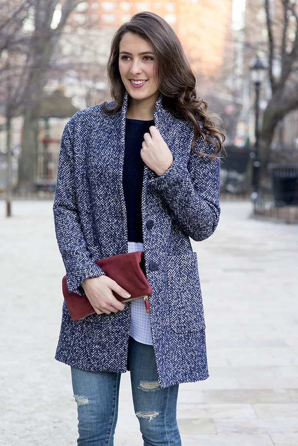 ripped AG denim and blue tweed coat