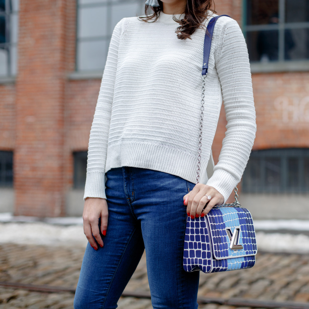 louis-vuitton-blue-shoulder-bag-and-white-cable-knit-sweater-samantha-metell-bonjour-blue  - Bonjour Blue